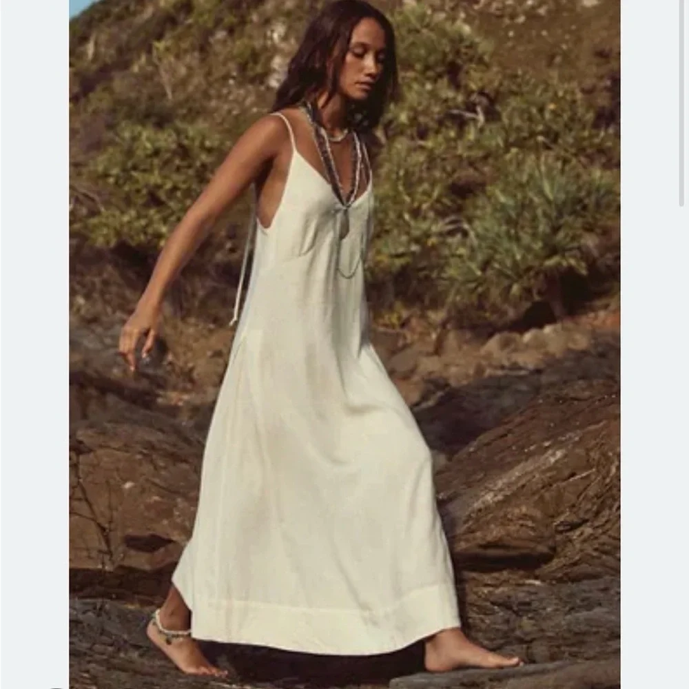 Free People Cream Emmers Linen Midi Backless Dress - Picture 2 of 6